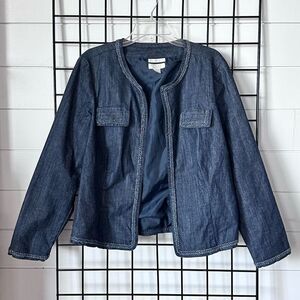 Christopher & Banks Denim Metallic Trim Open Front Jacket Womens L‎ Blue Boho